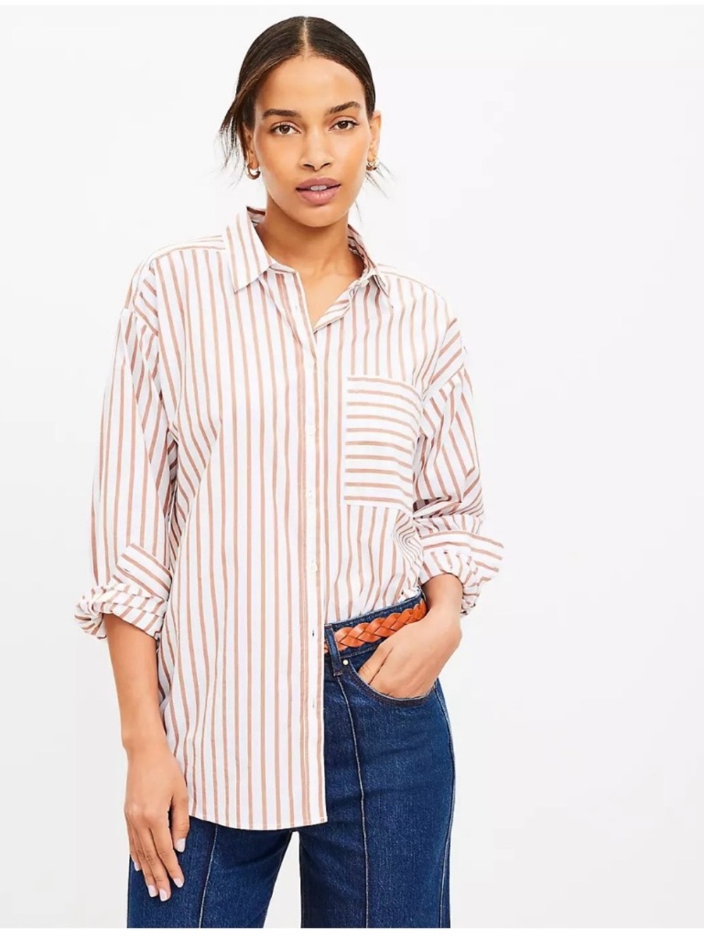 LOFT Striped Poplin Everyday Oversized Pocket Shirt - Picture 2 of 9